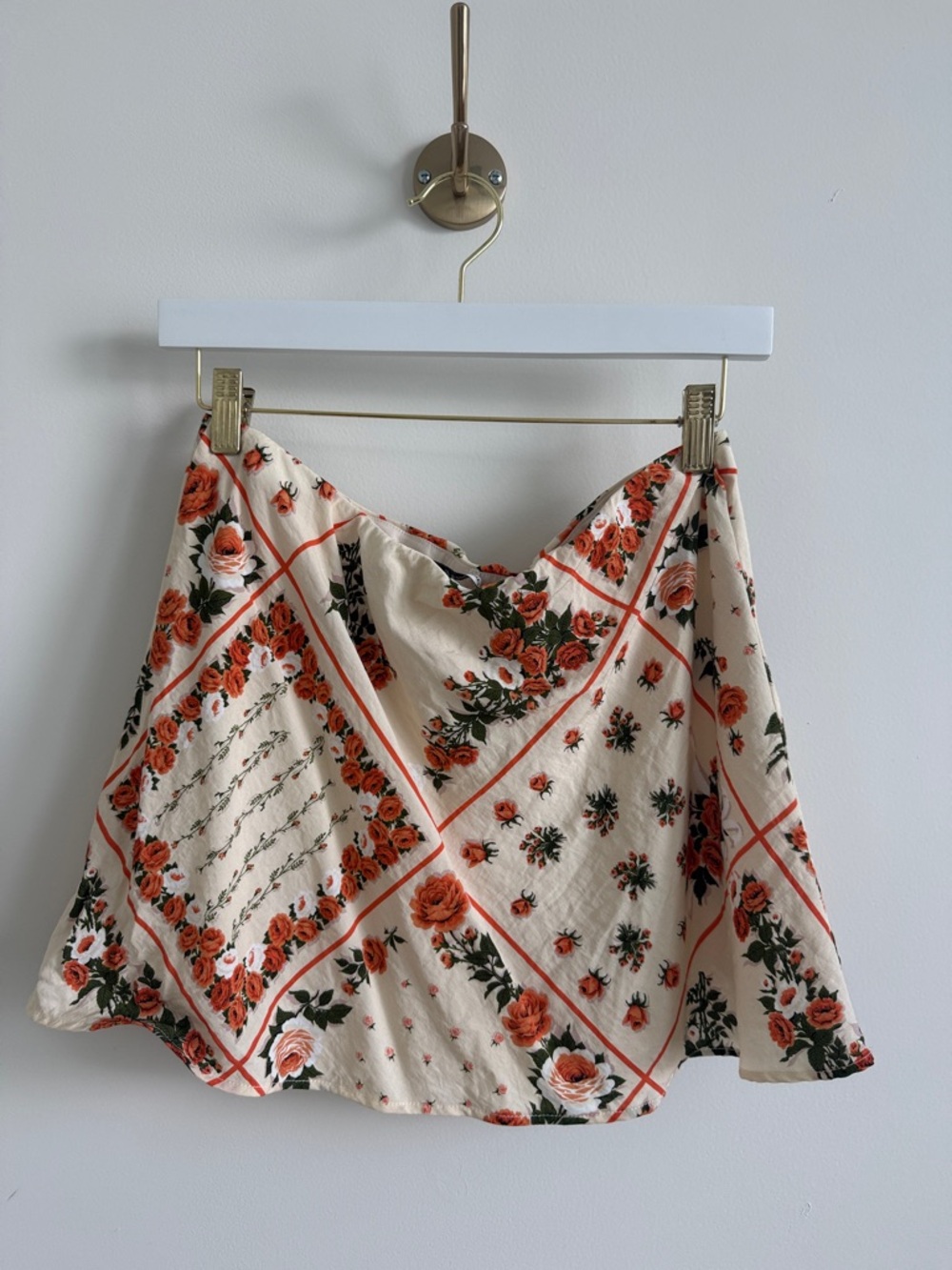 Floral Cream and Orange Square-Print Mini Skirt - Picture 2 of 3